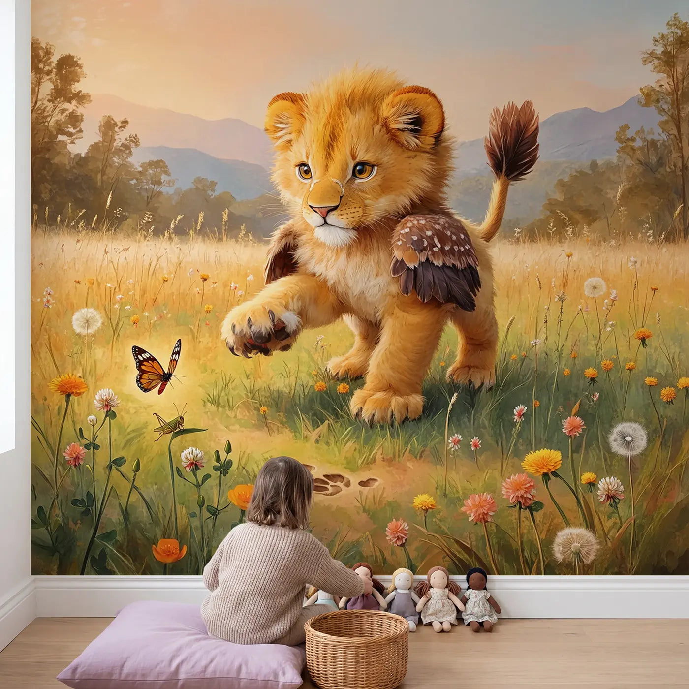 Child in nursery with Baby Griffin Meadow Pounce Wallpaper Mural by Whimsy Tots