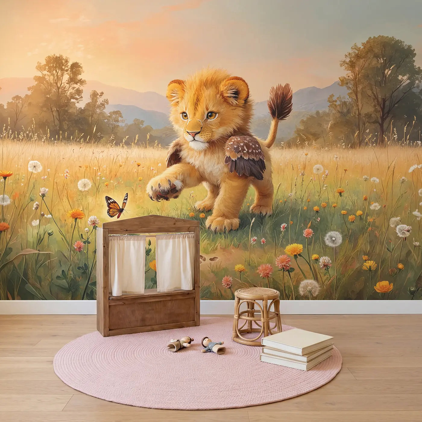Baby Griffin Meadow Pounce Wallpaper Mural in playroom setting by Whimsy Tots