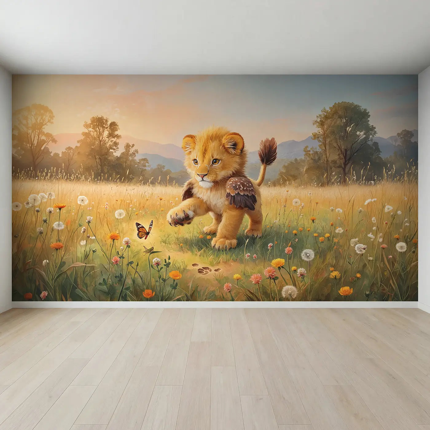 Full view of Baby Griffin Meadow Pounce Wallpaper Mural by Whimsy Tots