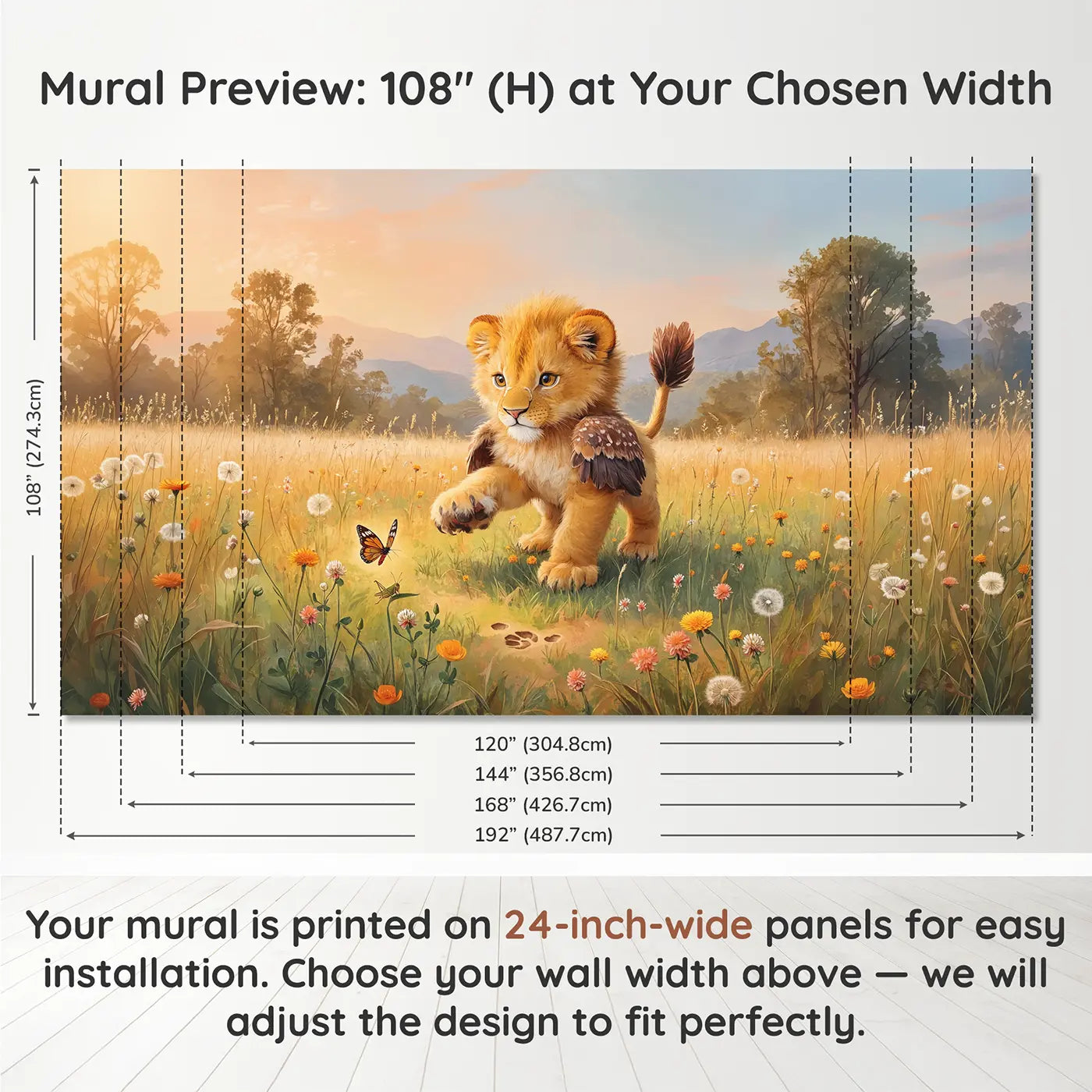 Panel layout and dimensions for Baby Griffin Meadow Pounce Wallpaper Mural by Whimsy Tots