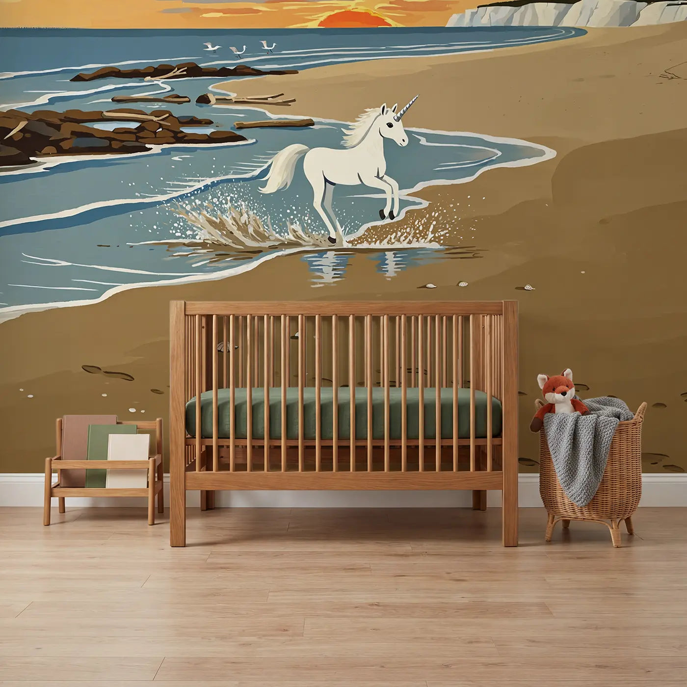 Modern illustration splashing beach unicorn wallpaper mural for boys nursery by Whimsy Tots