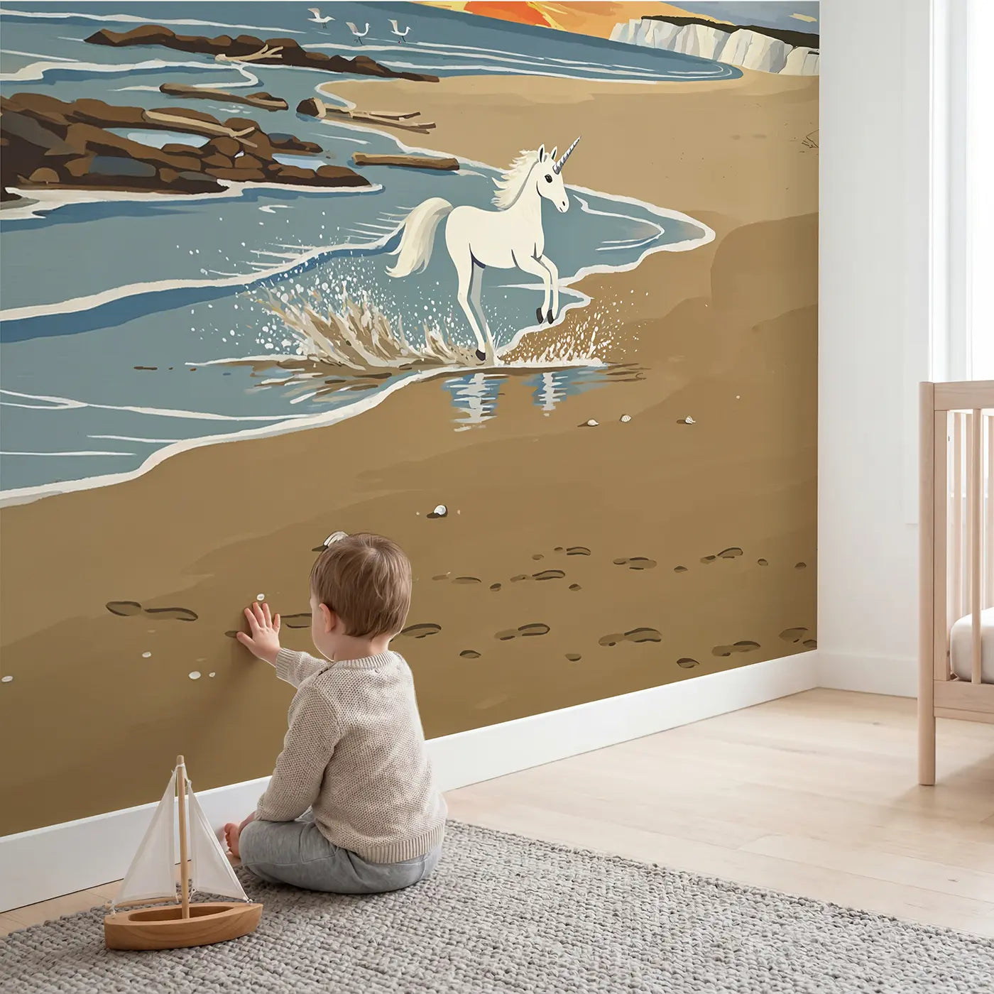 Child in nursery with Splashing Beach Unicorn Wallpaper Mural by Whimsy Tots