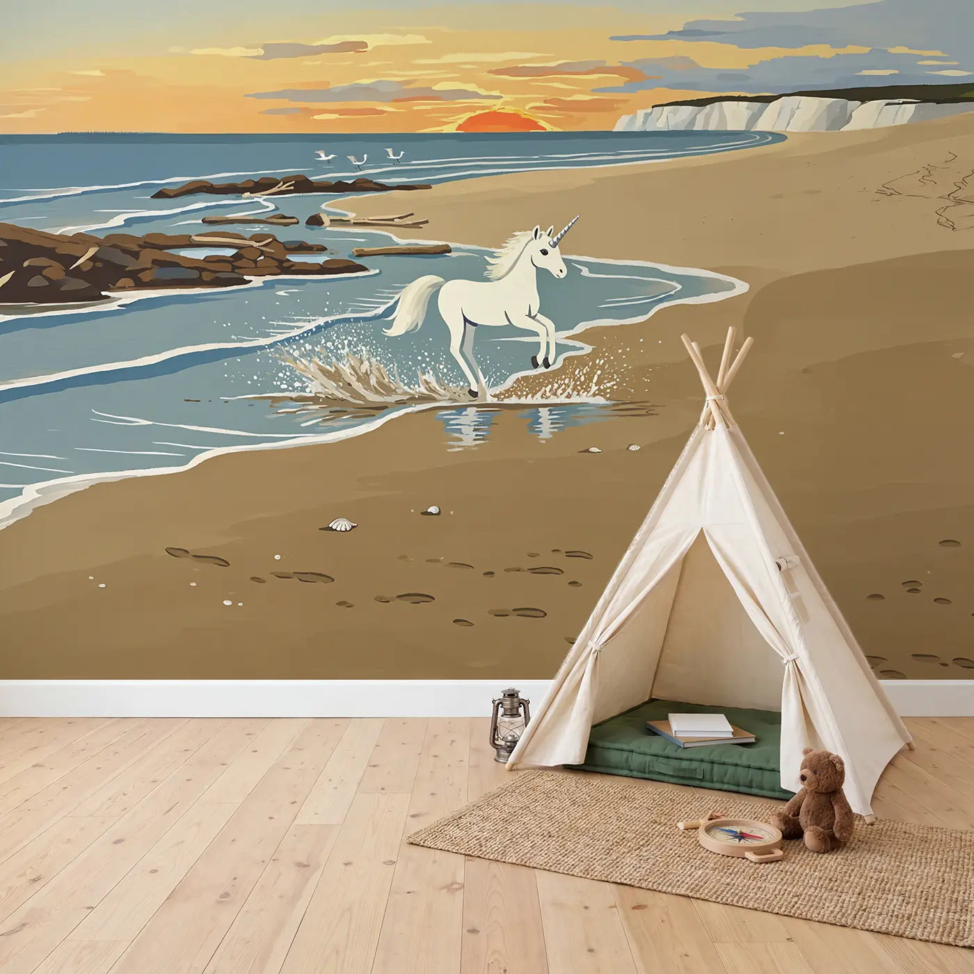 Splashing Beach Unicorn Wallpaper Mural in playroom setting by Whimsy Tots