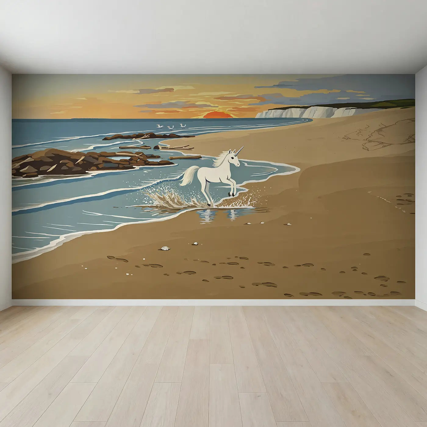 Full view of Splashing Beach Unicorn Wallpaper Mural by Whimsy Tots