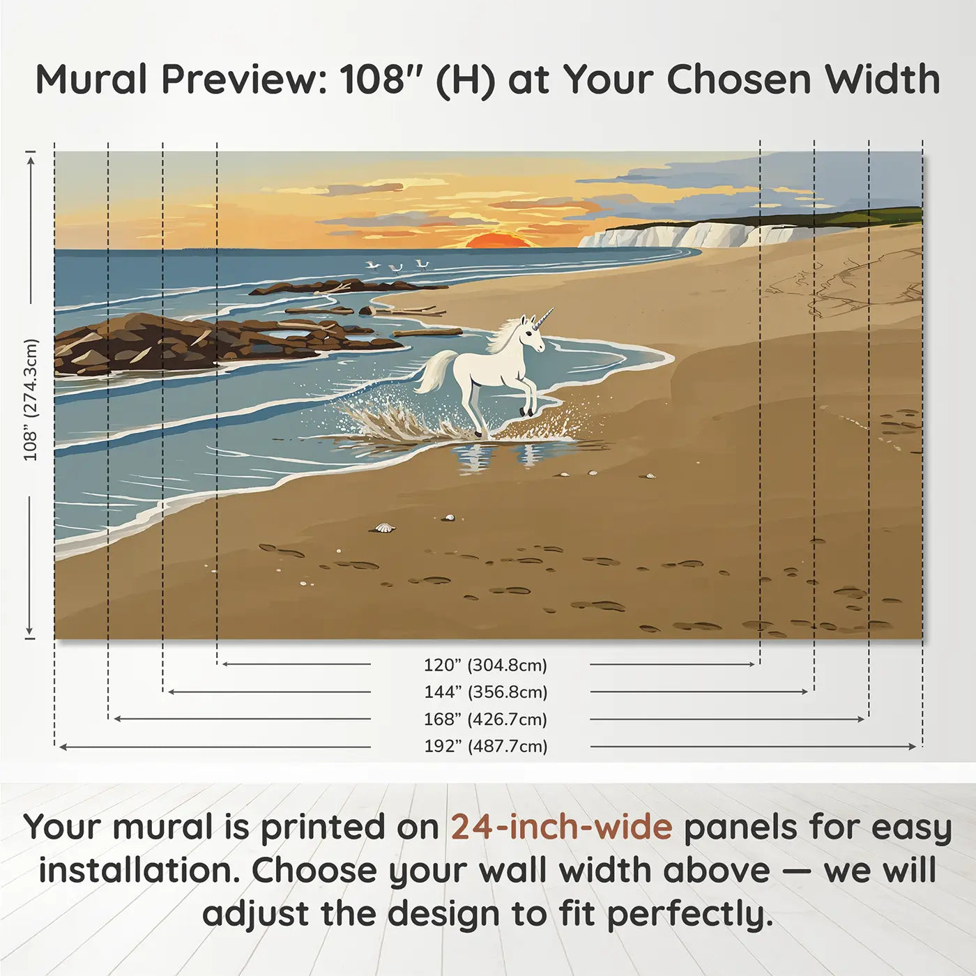 Panel layout and dimensions for Splashing Beach Unicorn Wallpaper Mural by Whimsy Tots