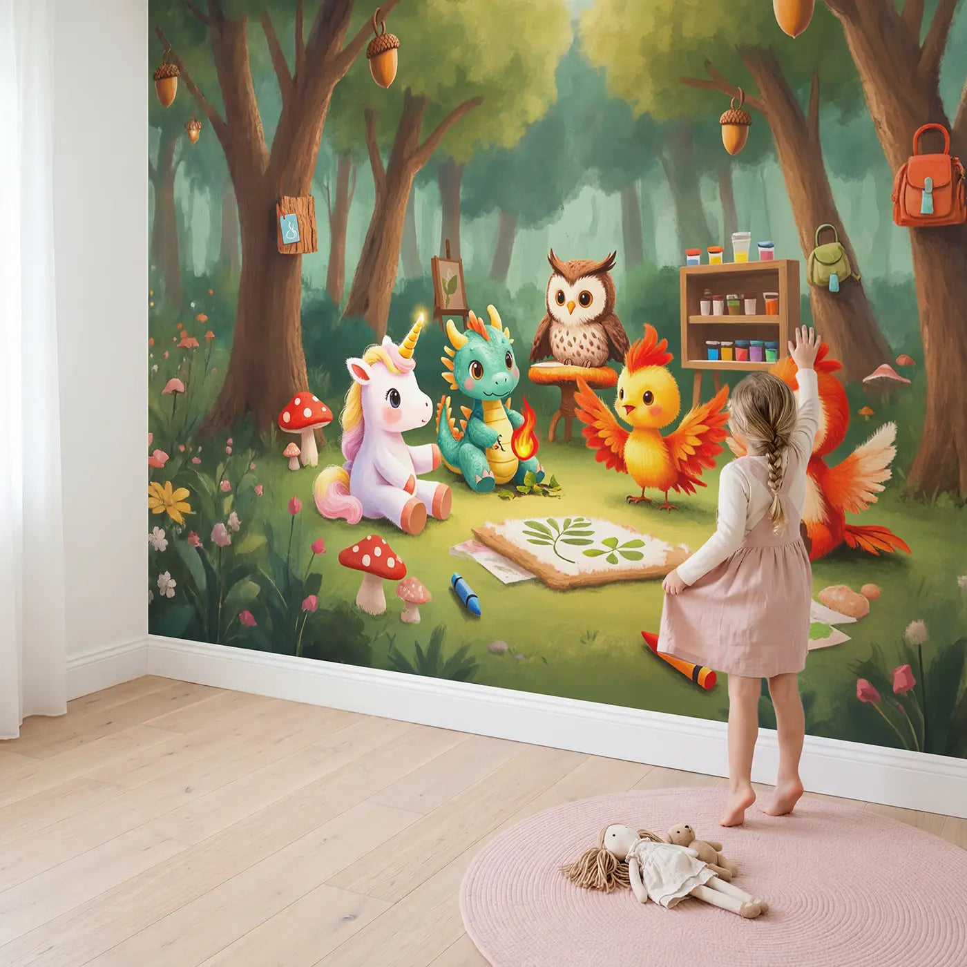Child in nursery with Mythical Creature Nursery School Wallpaper Mural by Whimsy Tots