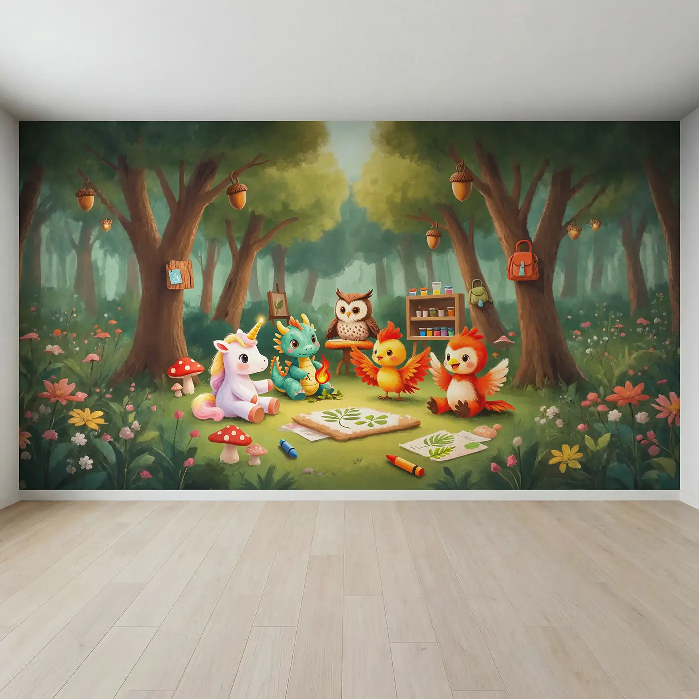 Full view of Mythical Creature Nursery School Wallpaper Mural by Whimsy Tots
