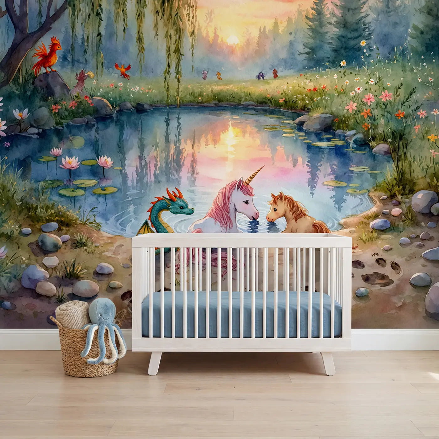 watercolor unicorn dragon pegasus watering hole wallpaper mural for nursery by Whimsy Tots