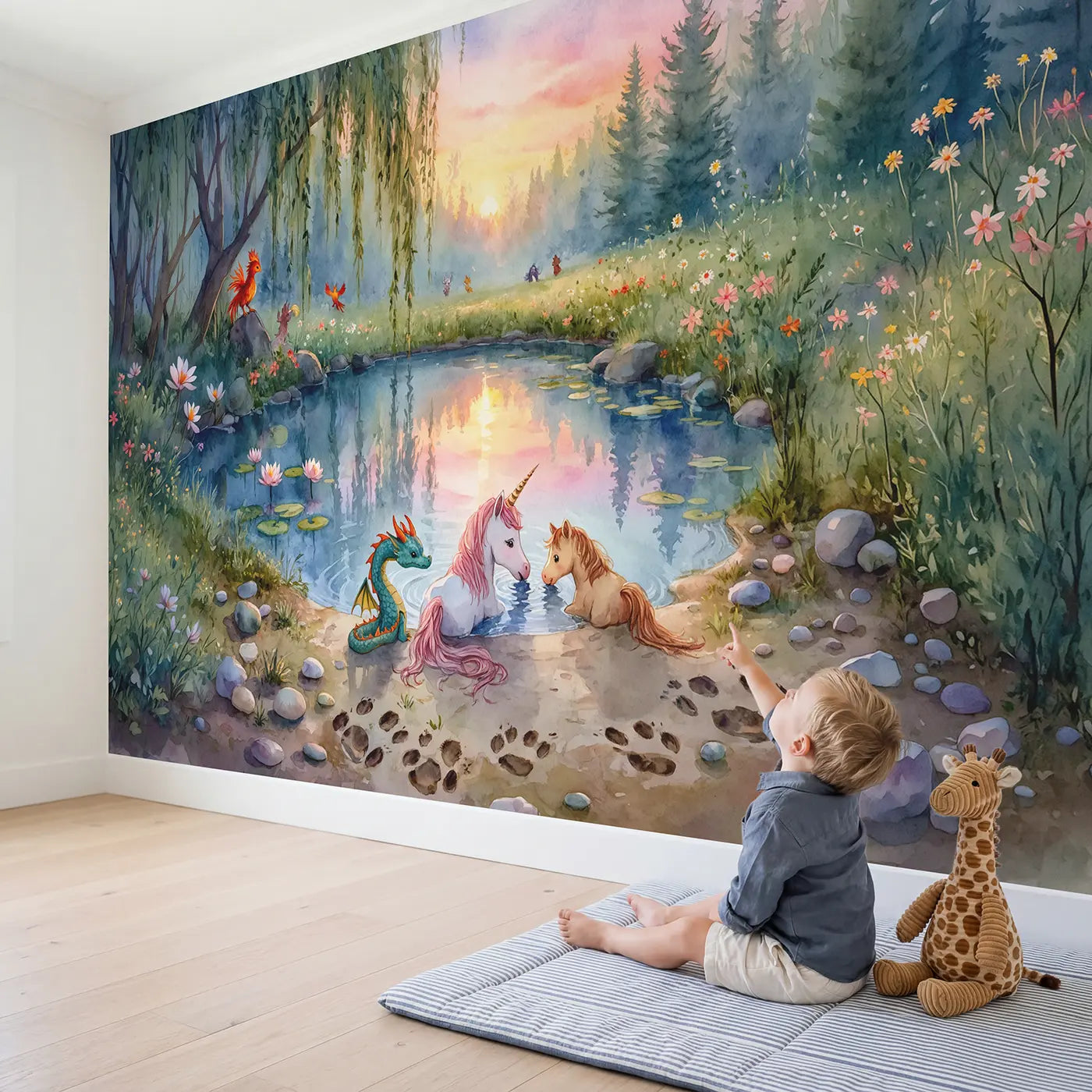 Child in nursery with Mythical Creature Watering Hole Wallpaper Mural by Whimsy Tots
