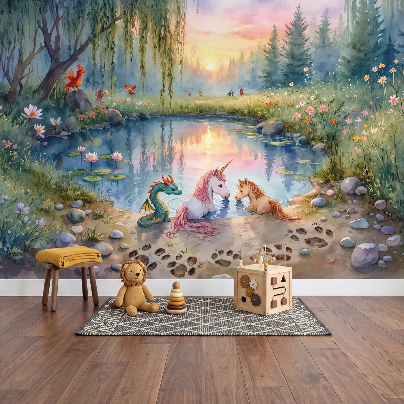 Mythical Creature Watering Hole Wallpaper Mural in playroom setting by Whimsy Tots