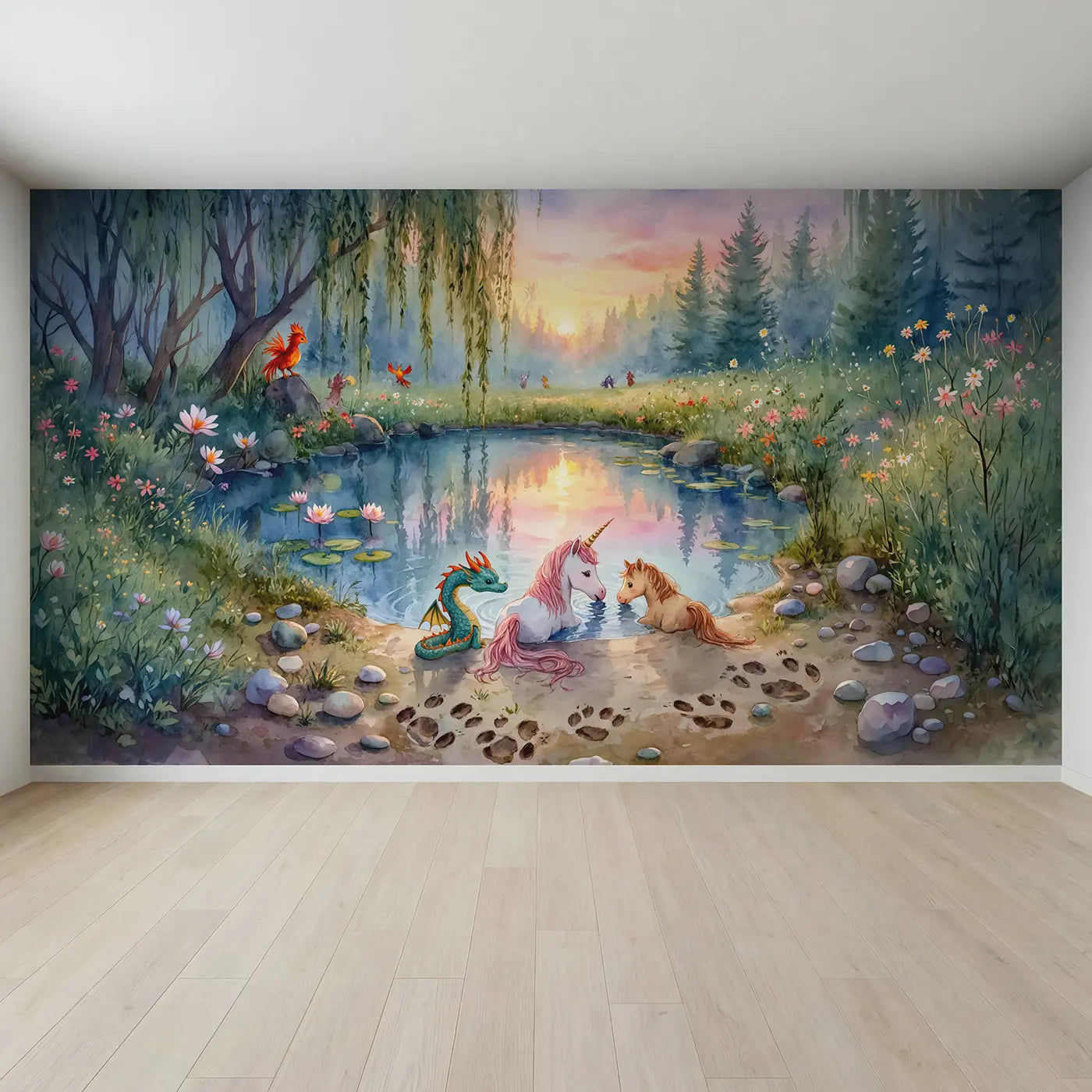 Full view of Mythical Creature Watering Hole Wallpaper Mural by Whimsy Tots