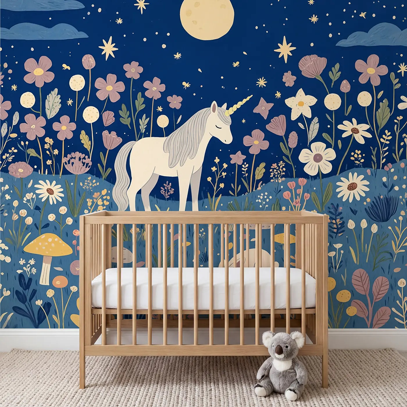 Modern illustration unicorn and moon fantasy meadow wallpaper mural for kids room by Whimsy Tots