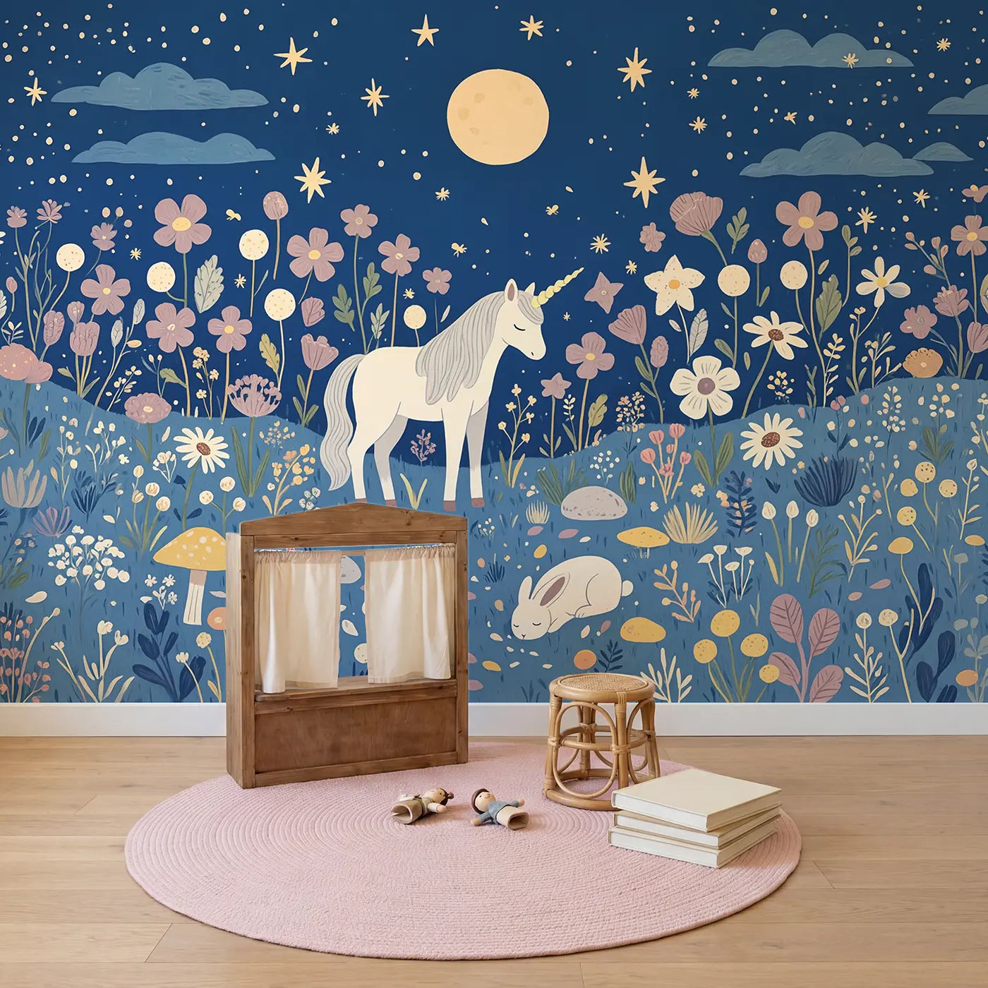 Moonlit Unicorn Meadow Wallpaper Mural in playroom setting by Whimsy Tots