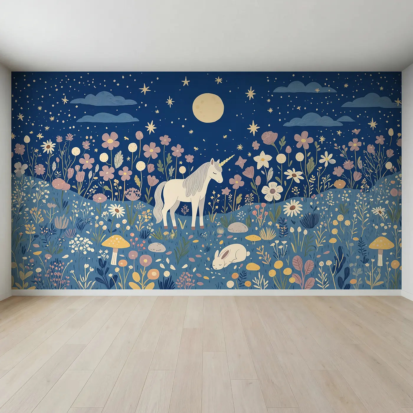 Full view of Moonlit Unicorn Meadow Wallpaper Mural by Whimsy Tots