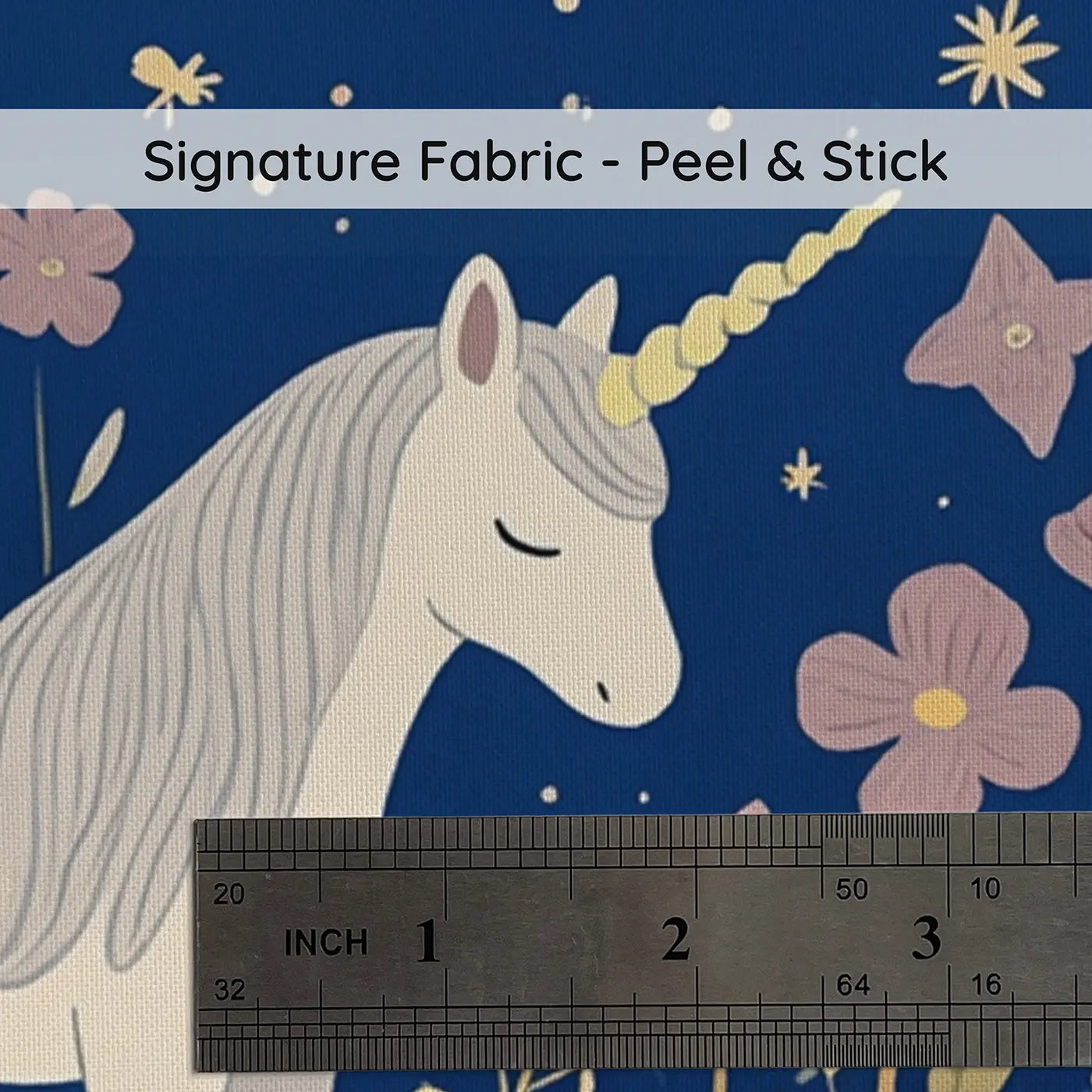 Fabric texture close-up of Moonlit Unicorn Meadow Wallpaper Mural by Whimsy Tots