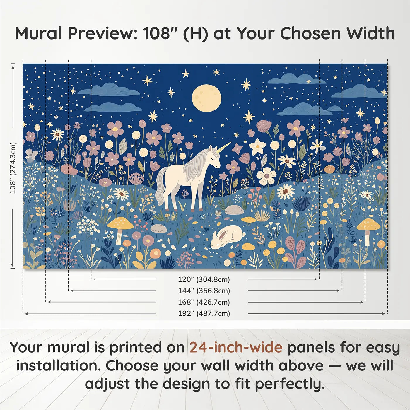 Panel layout and dimensions for Moonlit Unicorn Meadow Wallpaper Mural by Whimsy Tots