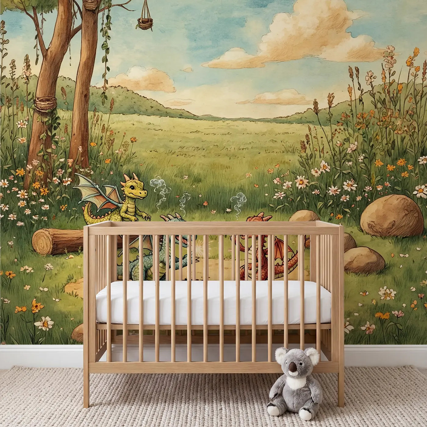 storybook baby dragons playing meadow wallpaper mural for nursery by Whimsy Tots