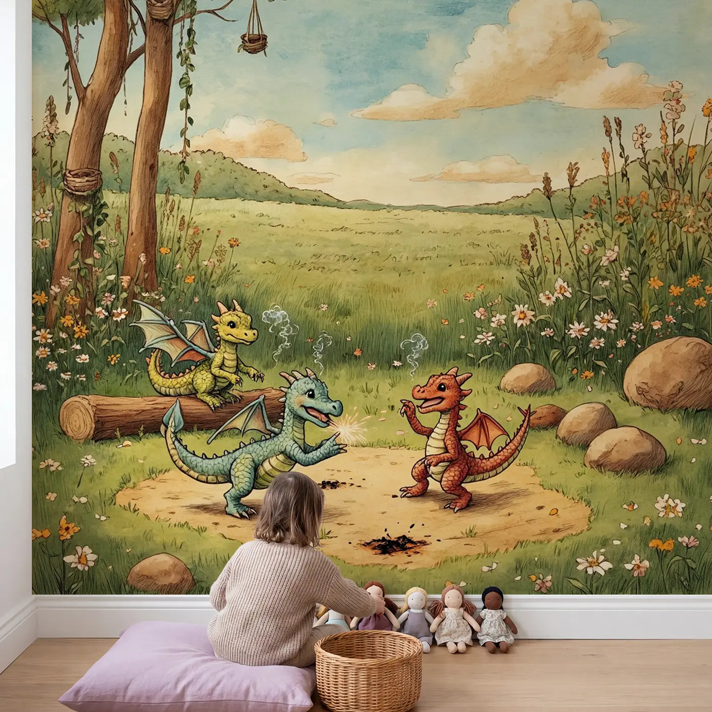 Child in nursery with Baby Dragons at Play Wallpaper Mural by Whimsy Tots