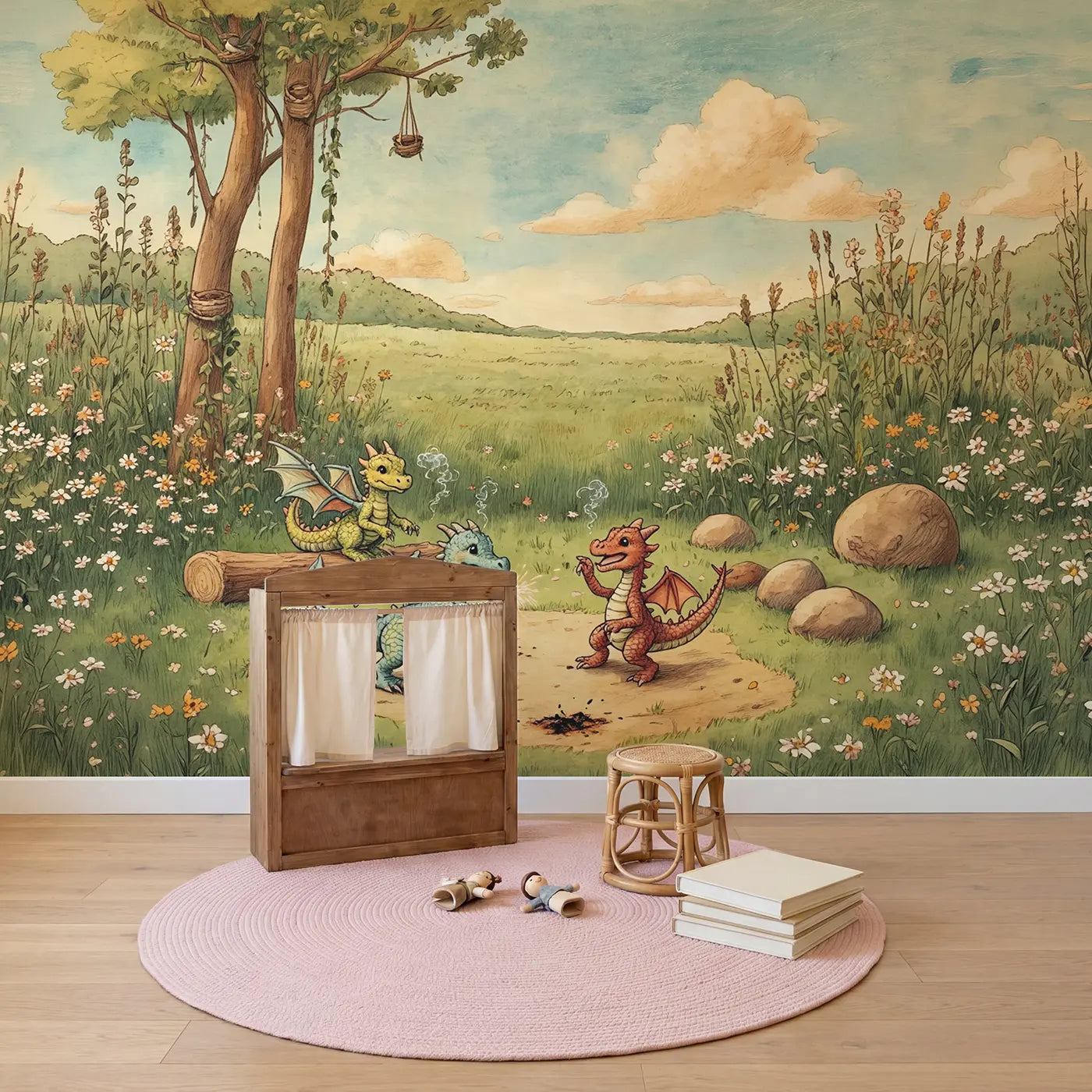Baby Dragons at Play Wallpaper Mural in playroom setting by Whimsy Tots