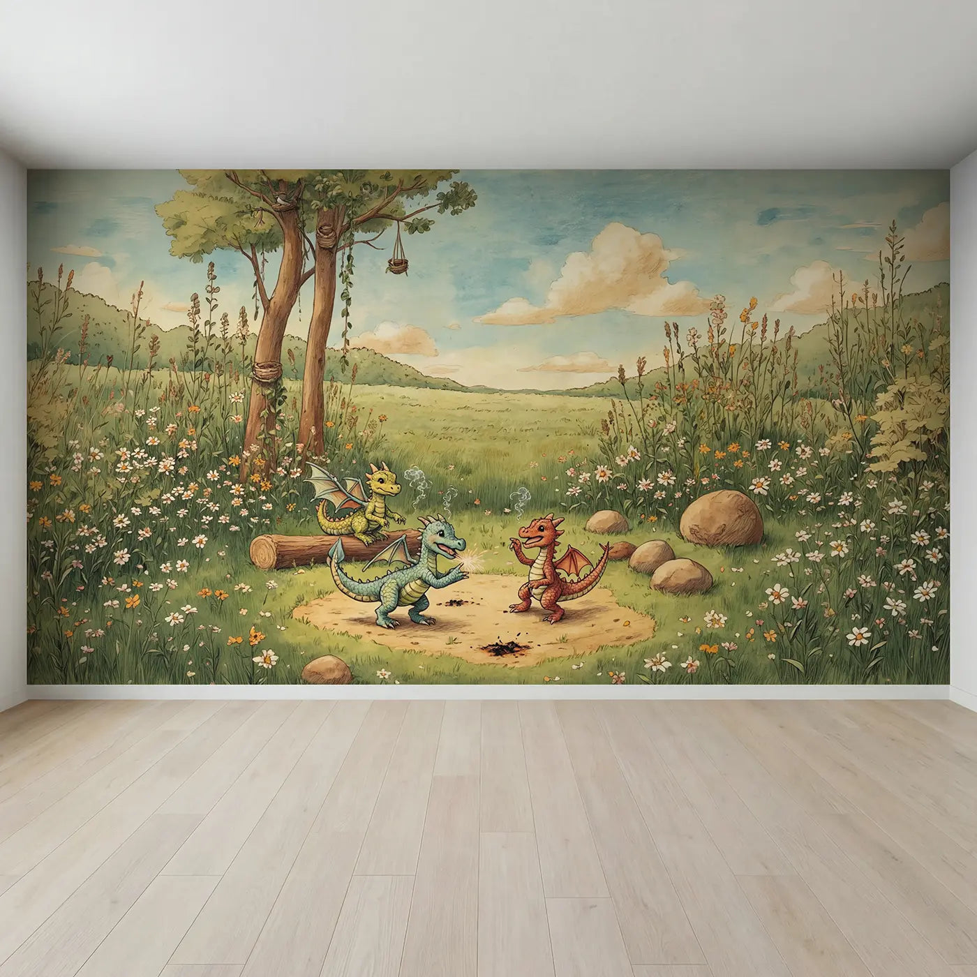 Full view of Baby Dragons at Play Wallpaper Mural by Whimsy Tots