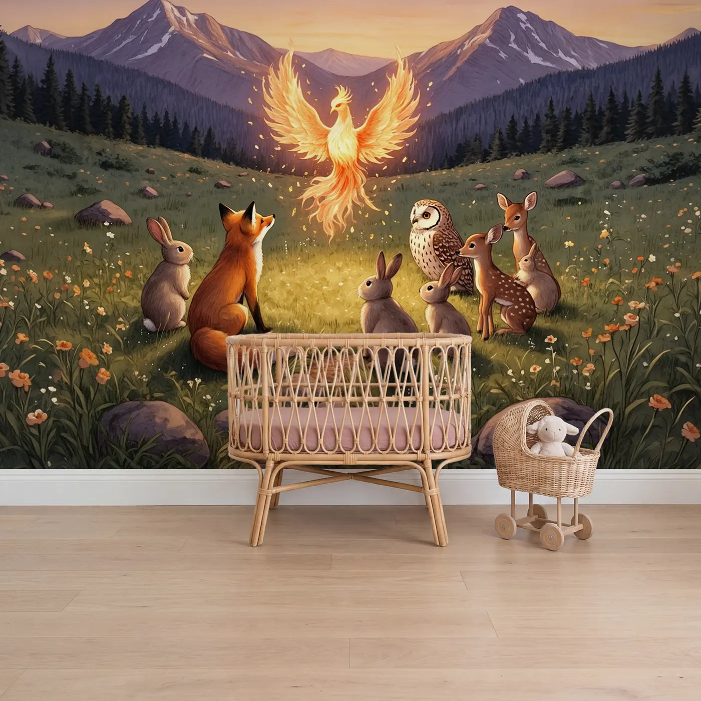 Storybook phoenix renewal dawn gathering wallpaper mural for girls room by Whimsy Tots