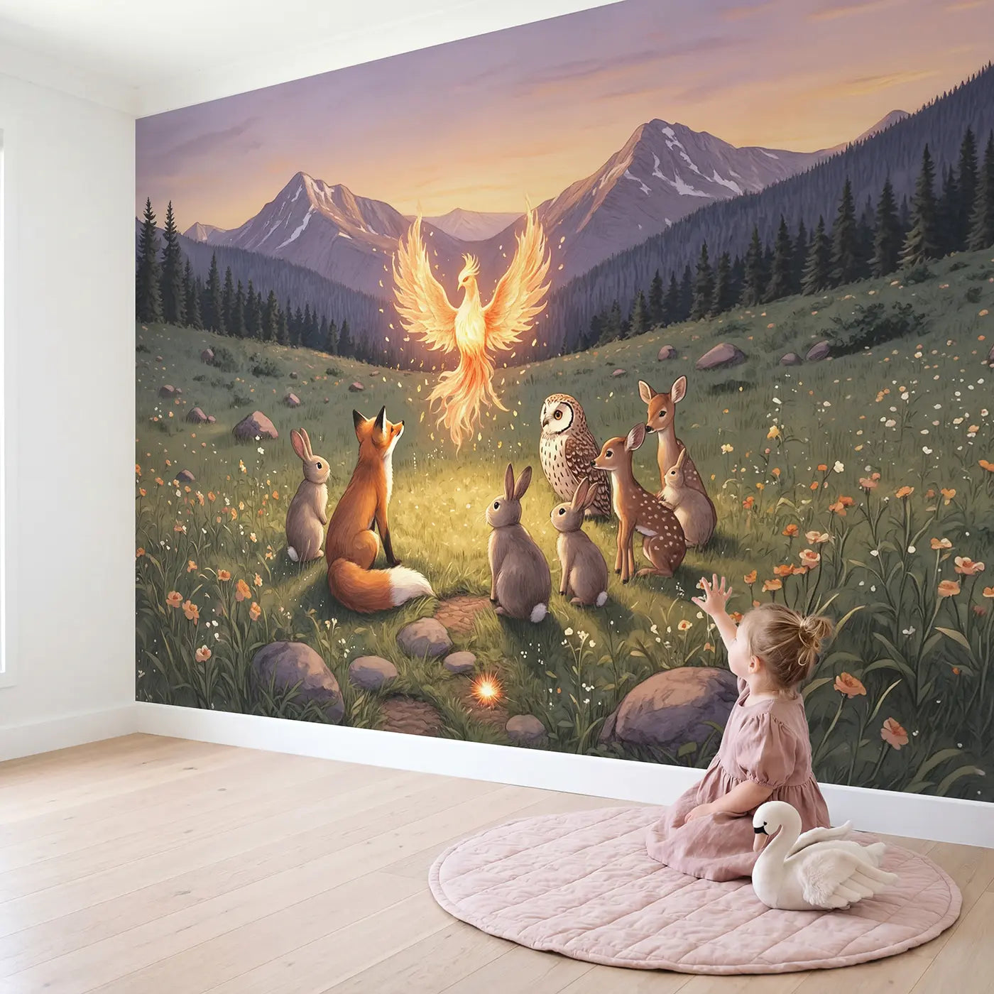 Child in nursery with Phoenix Renewal Dawn Gathering Wallpaper Mural by Whimsy Tots