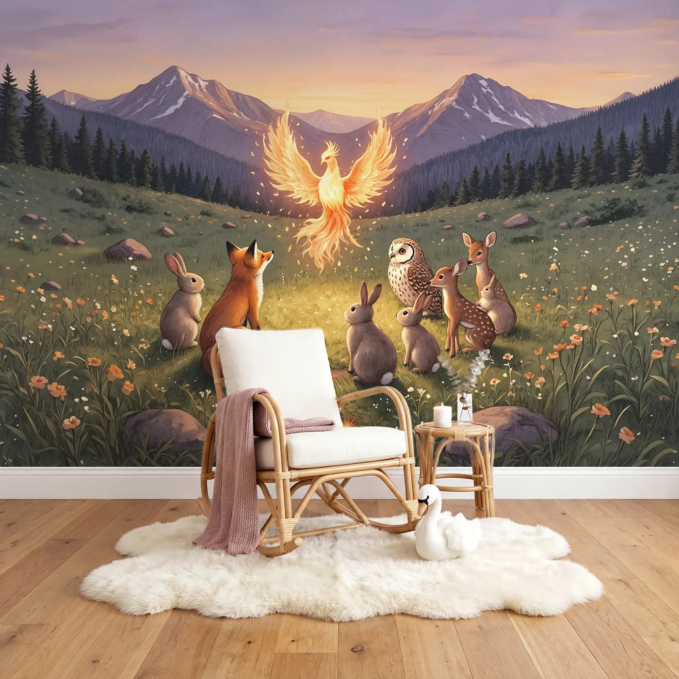 Phoenix Renewal Dawn Gathering Wallpaper Mural in playroom setting by Whimsy Tots