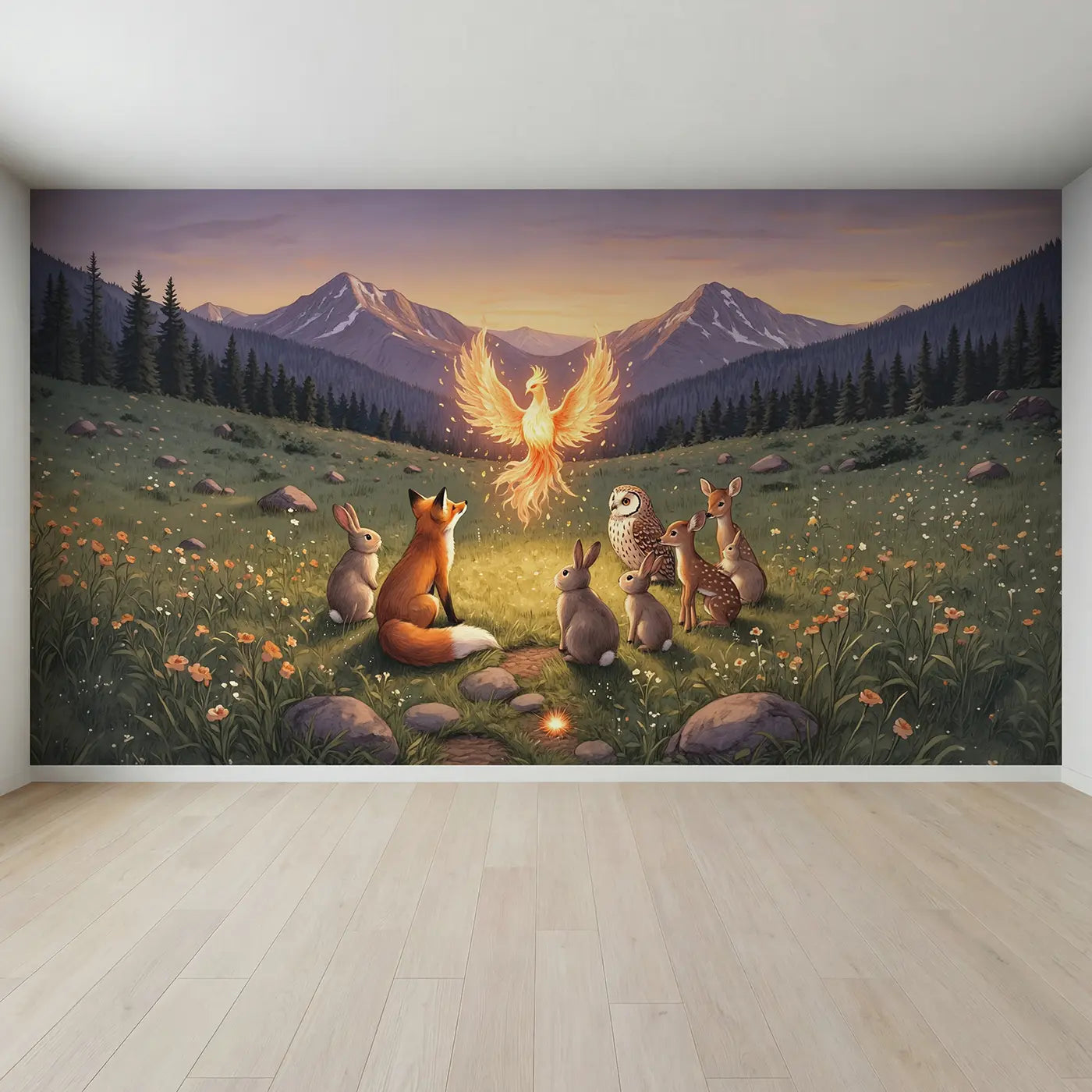 Full view of Phoenix Renewal Dawn Gathering Wallpaper Mural by Whimsy Tots