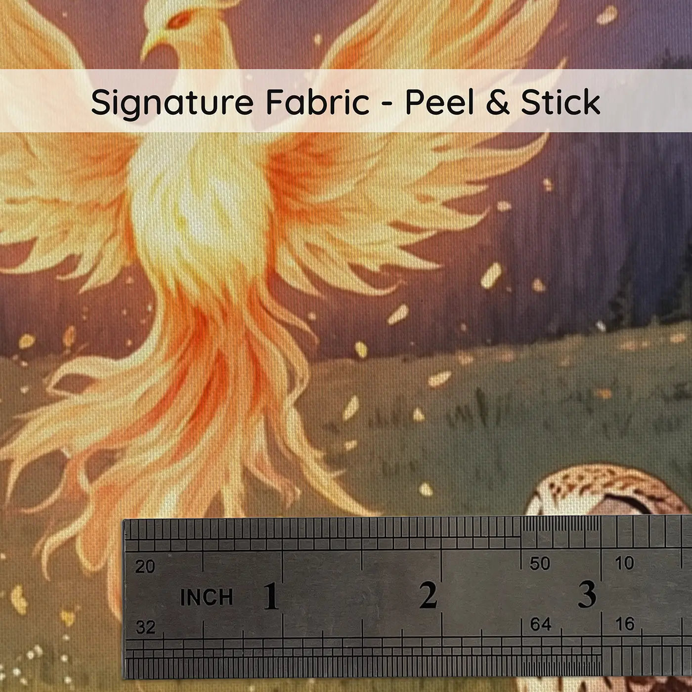 Fabric texture close-up of Phoenix Renewal Dawn Gathering Wallpaper Mural by Whimsy Tots