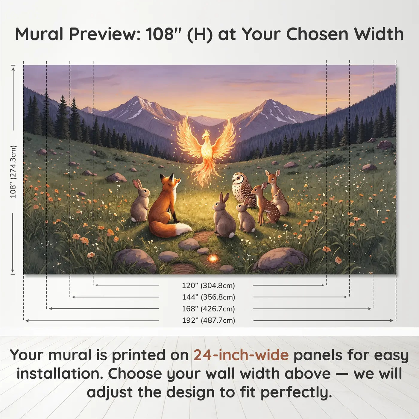 Panel layout and dimensions for Phoenix Renewal Dawn Gathering Wallpaper Mural by Whimsy Tots