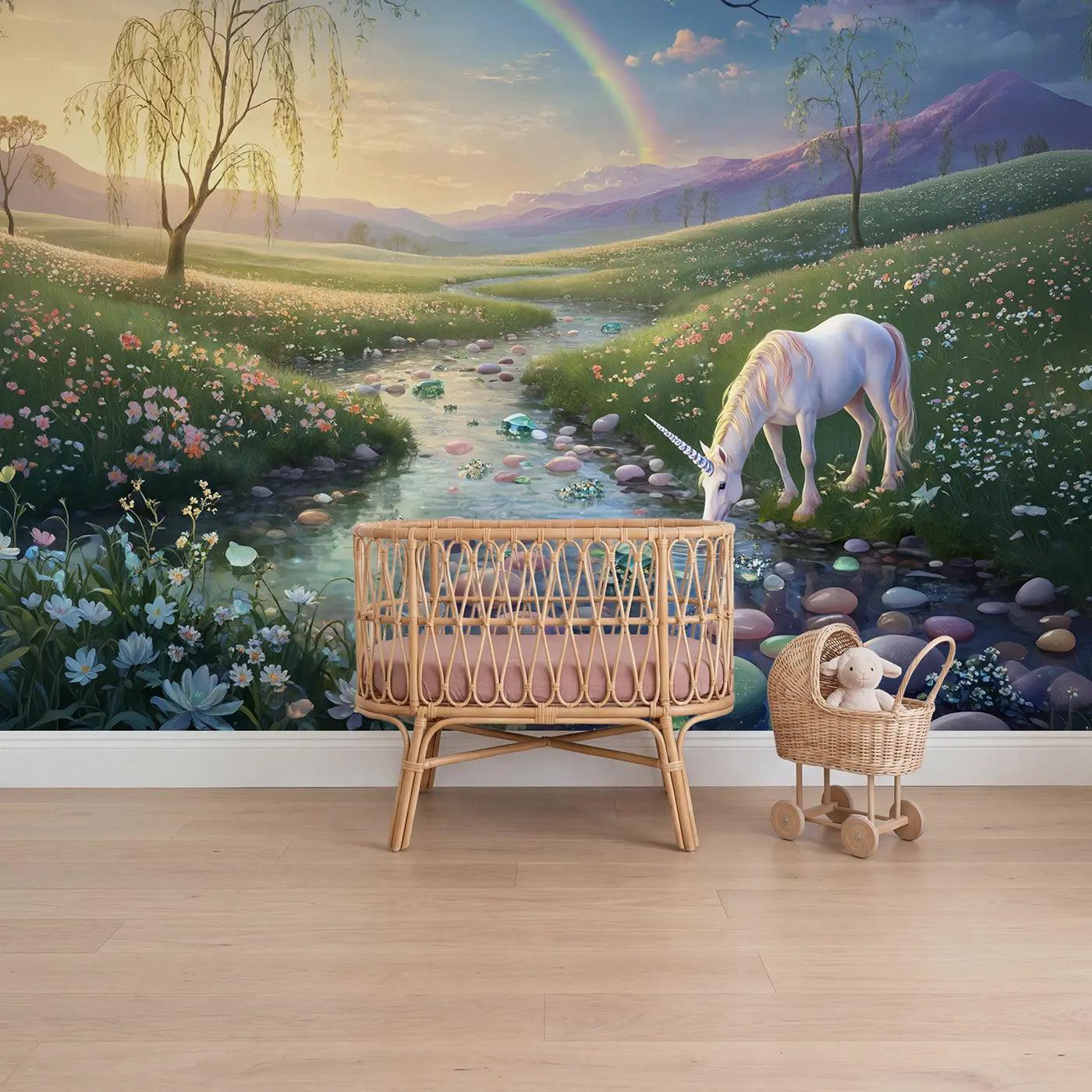 Botanical Elegance unicorn crystal stream wallpaper mural for girls room by Whimsy Tots