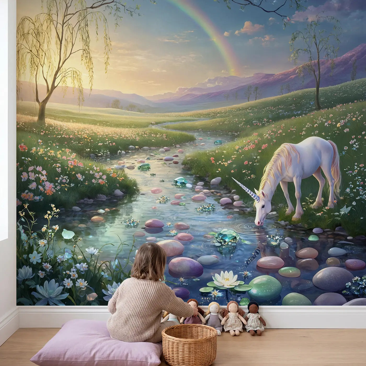 Child in nursery with Enchanted Unicorn Crystal Stream Wallpaper Mural by Whimsy Tots