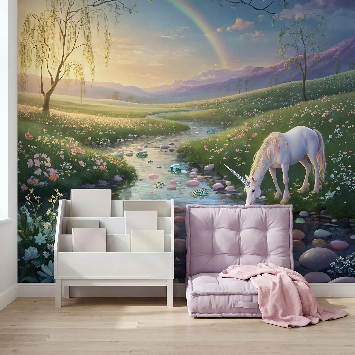 Enchanted Unicorn Crystal Stream Wallpaper Mural in playroom setting by Whimsy Tots