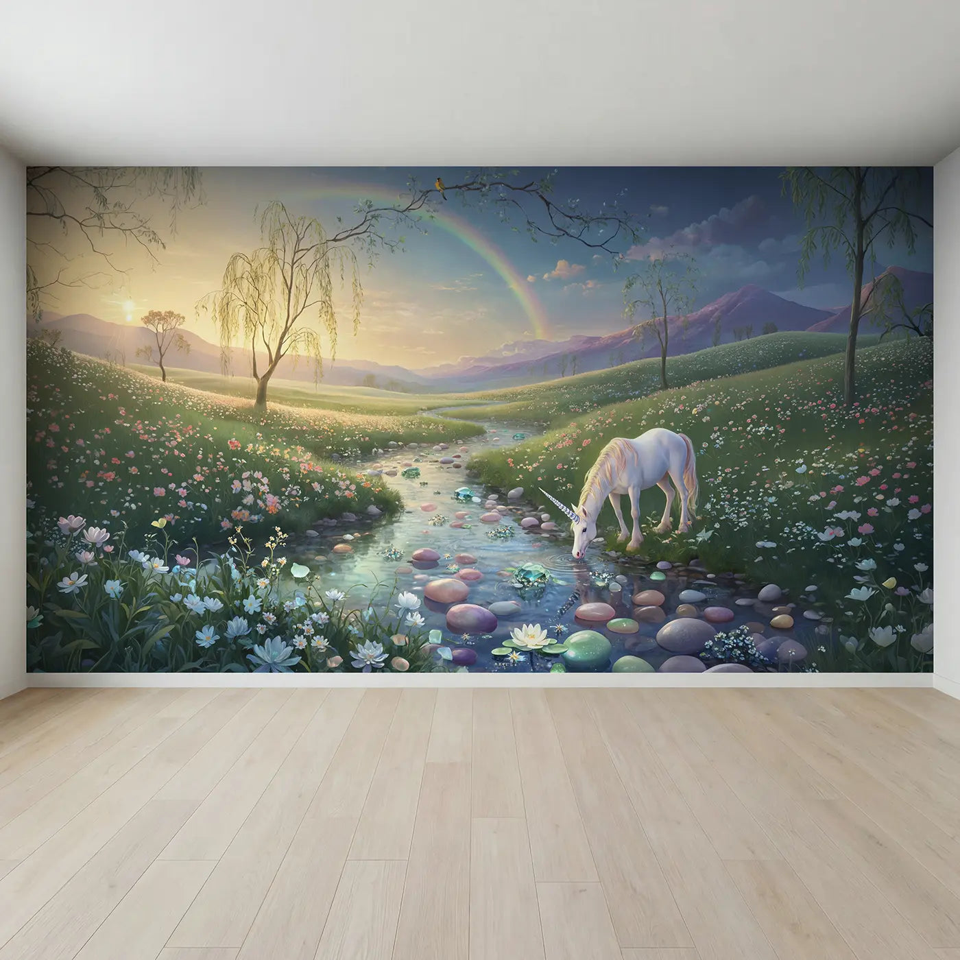 Full view of Enchanted Unicorn Crystal Stream Wallpaper Mural by Whimsy Tots