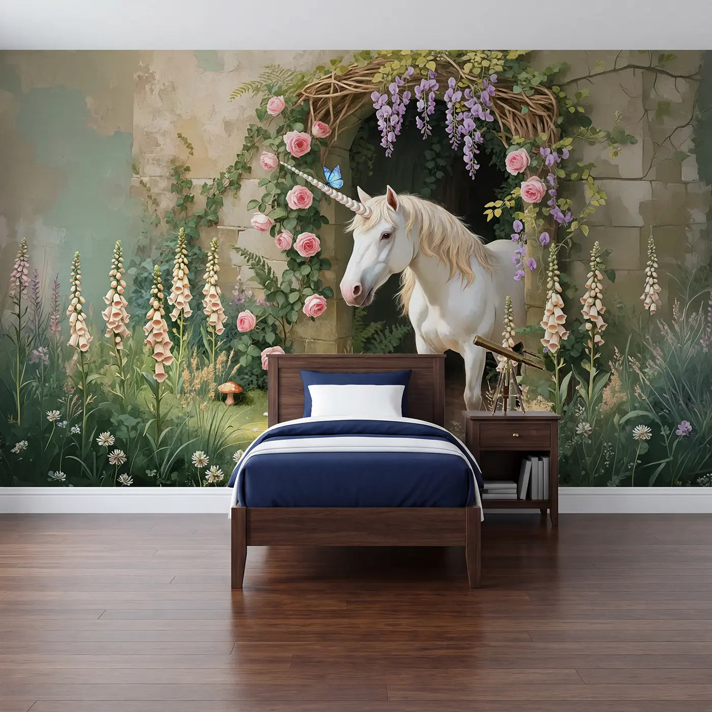 Soft pastel unicorn and butterfly fantasy meadow wallpaper mural for kids room by Whimsy Tots