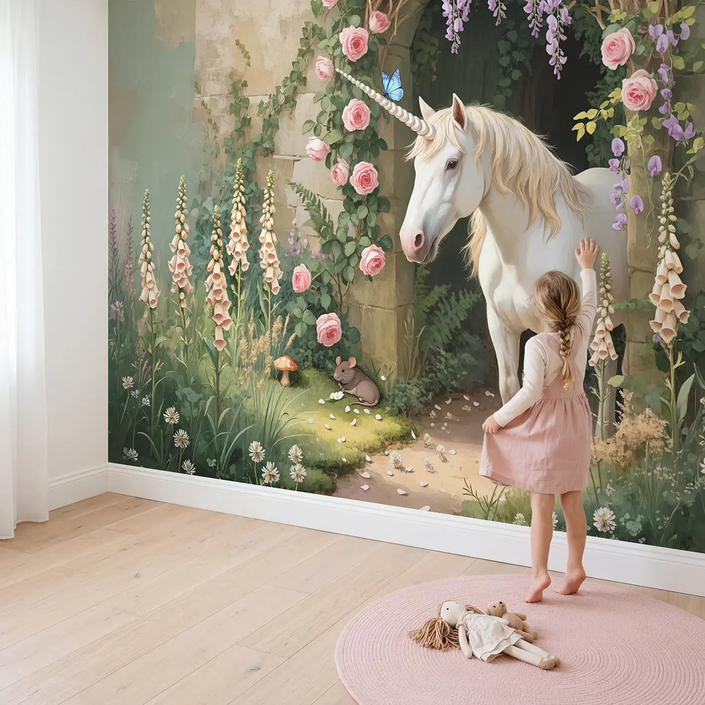 Child in nursery with Garden Unicorn Butterfly Wallpaper Mural by Whimsy Tots