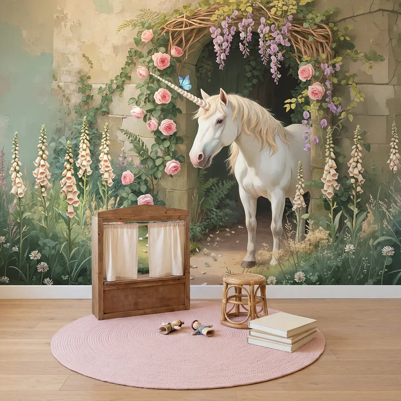 Garden Unicorn Butterfly Wallpaper Mural in playroom setting by Whimsy Tots