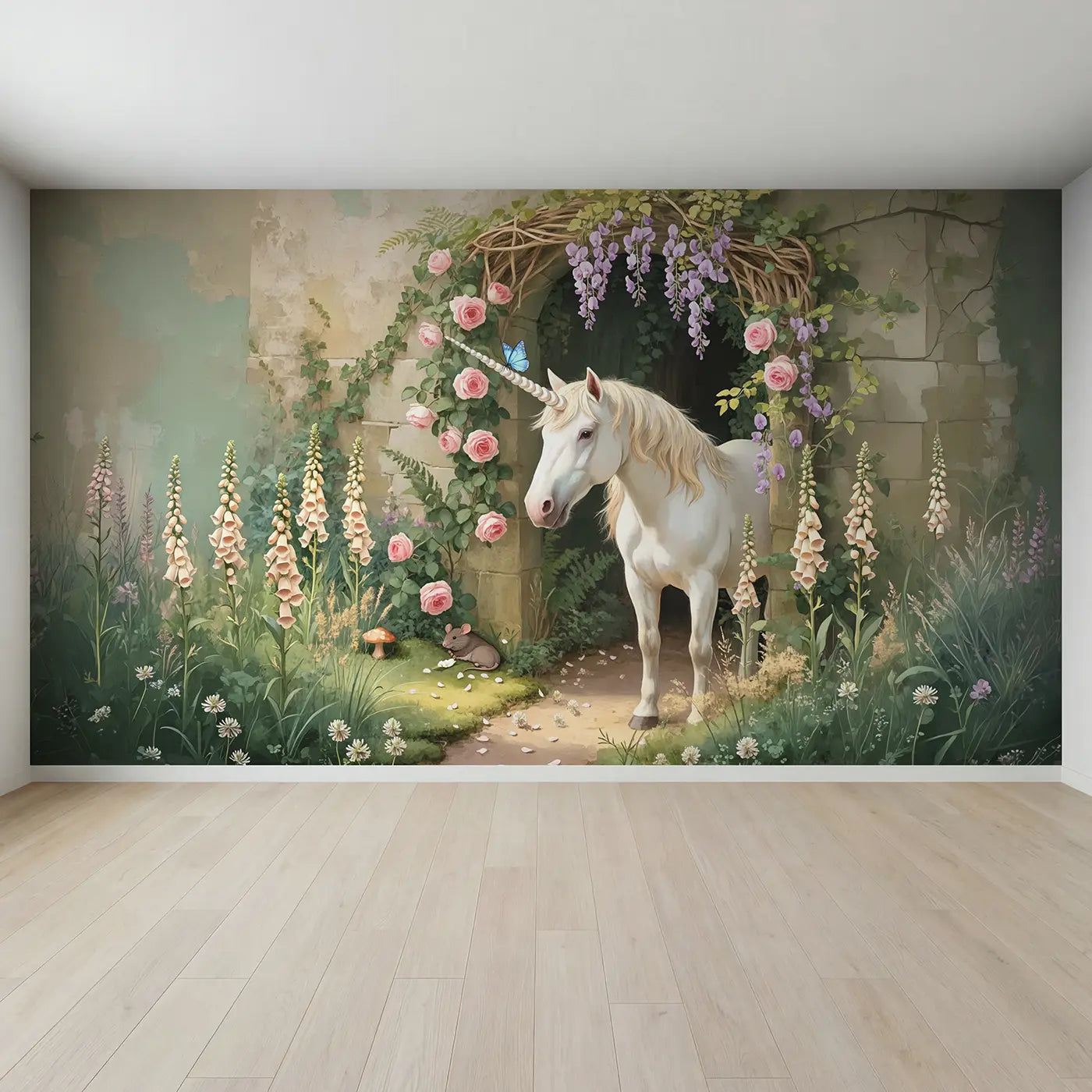 Full view of Garden Unicorn Butterfly Wallpaper Mural by Whimsy Tots