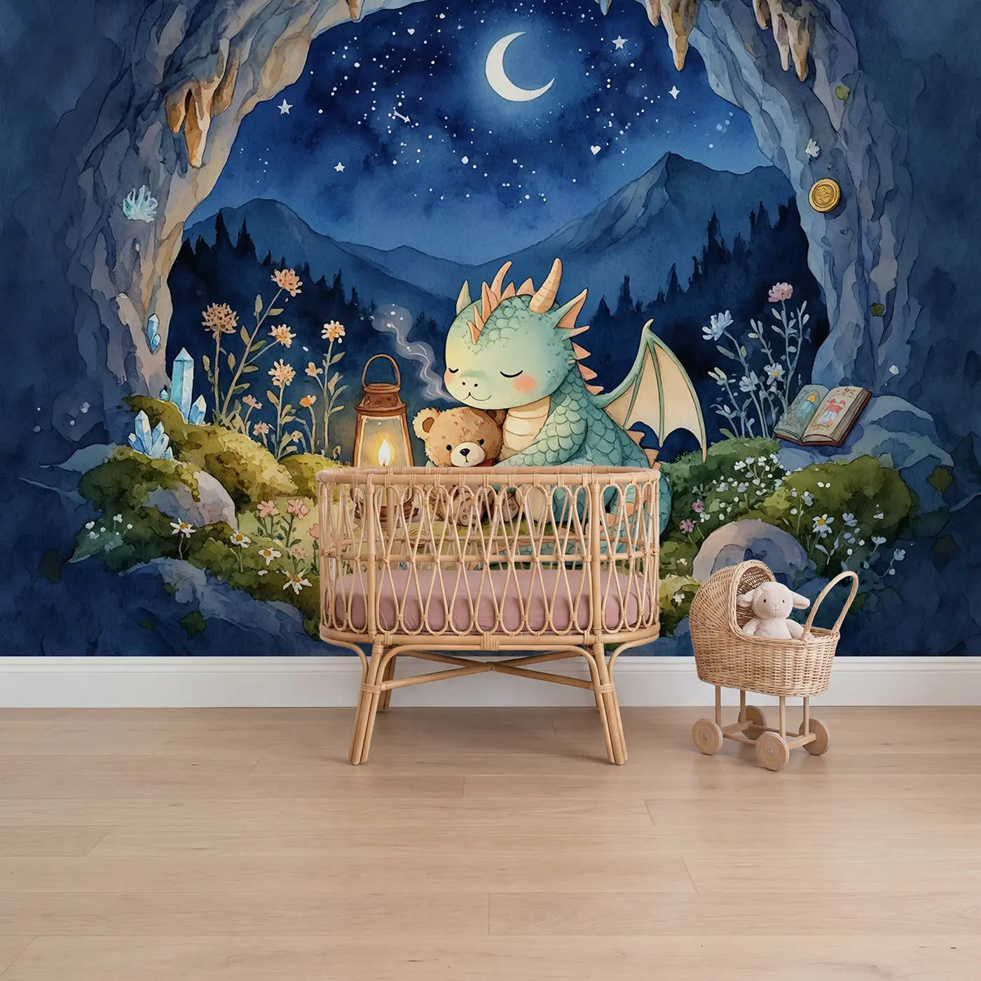 Watercolor dragon and teddy bear nursery cave wallpaper mural for girls room by Whimsy Tots