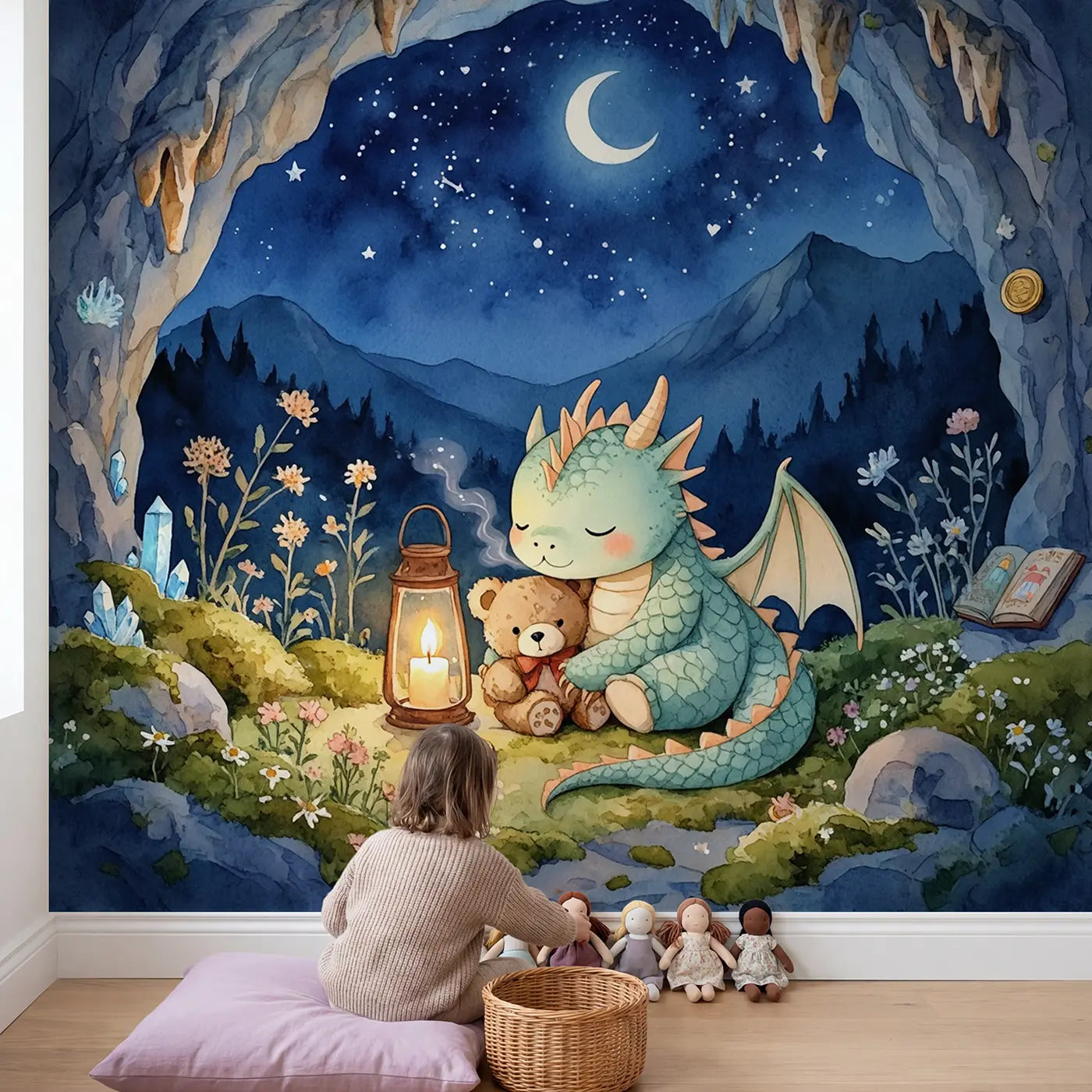 Child in nursery with Dragon and Teddy Bear Nursery Wallpaper Mural by Whimsy Tots