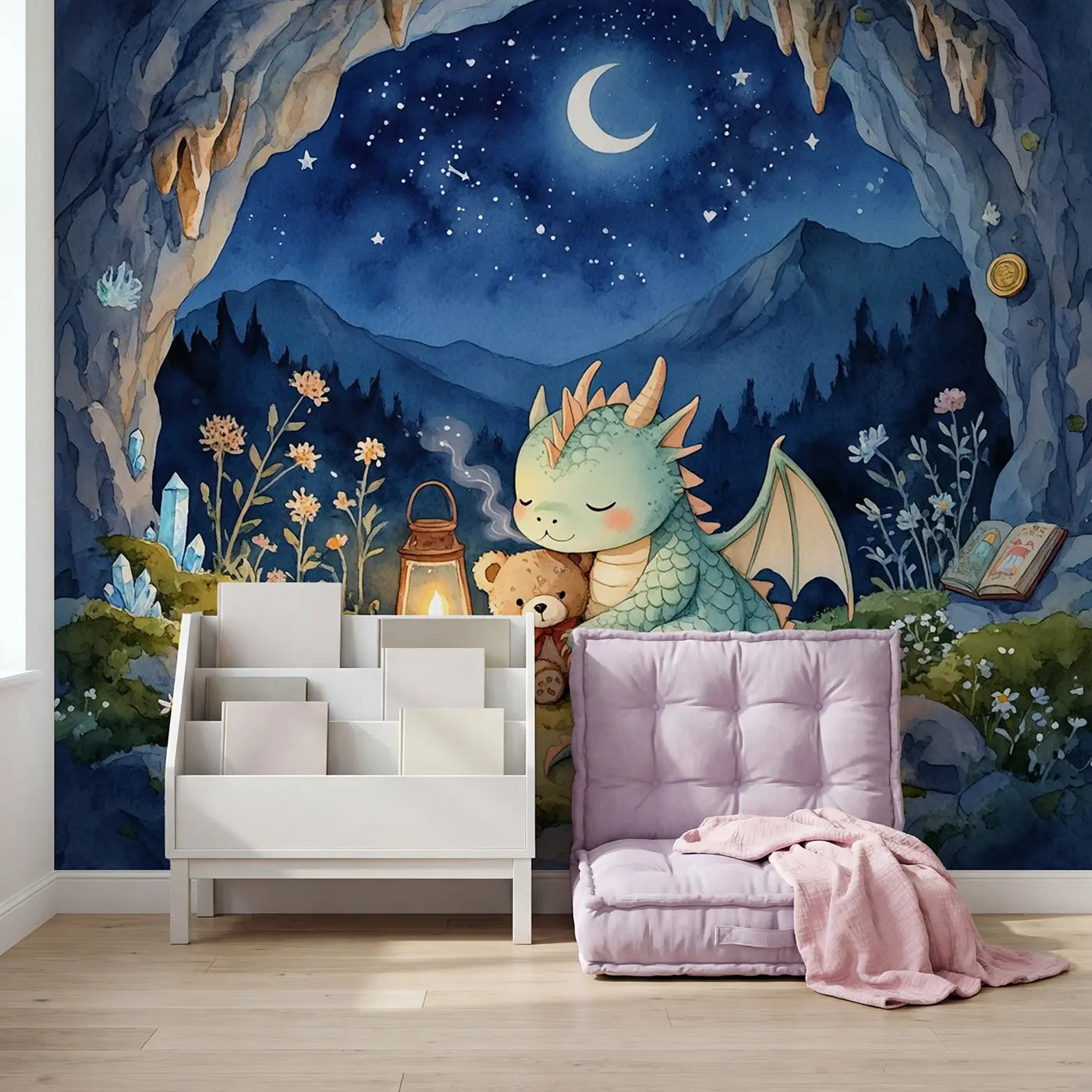 Dragon and Teddy Bear Nursery Wallpaper Mural in playroom setting by Whimsy Tots