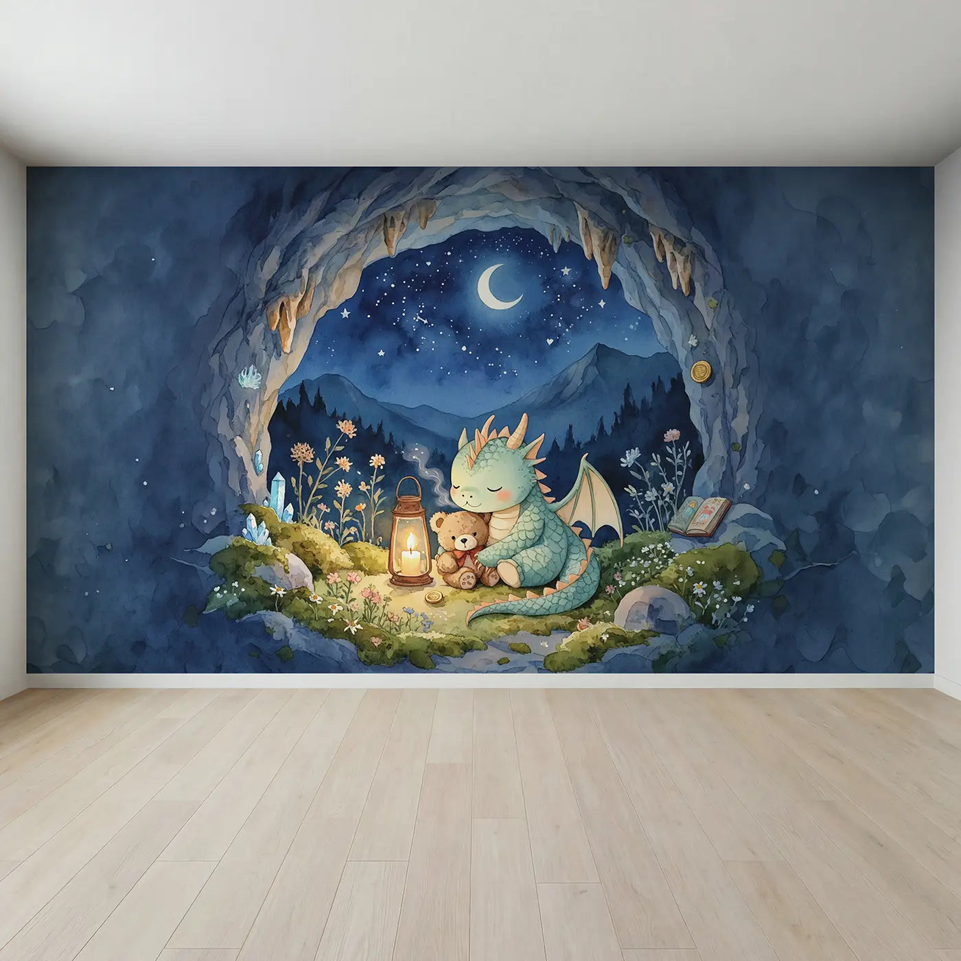 Full view of Dragon and Teddy Bear Nursery Wallpaper Mural by Whimsy Tots