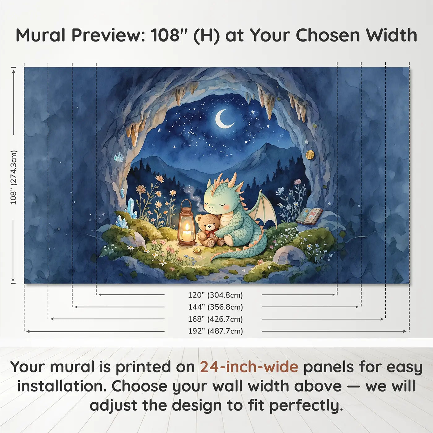 Panel layout and dimensions for Dragon and Teddy Bear Nursery Wallpaper Mural by Whimsy Tots