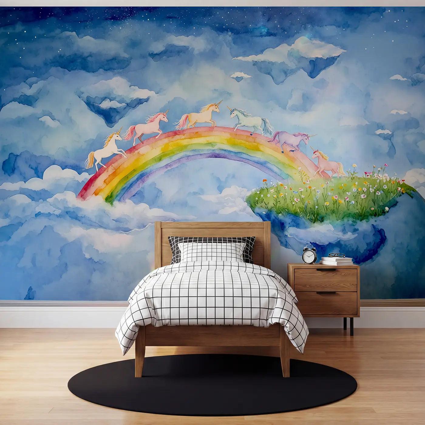 Watercolor unicorn mythical wallpaper mural for kids room by Whimsy Tots