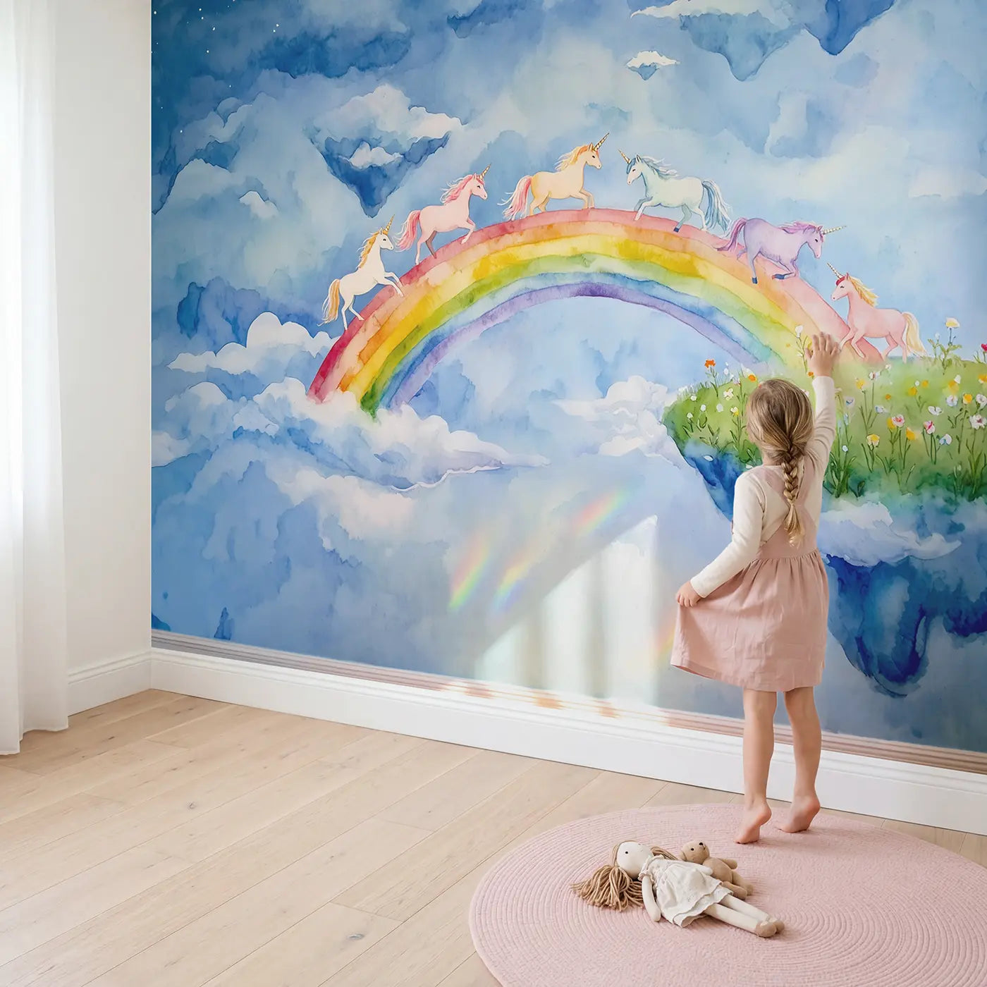 Child in nursery with Rainbow Bridge Unicorn Herd Wallpaper Mural by Whimsy Tots