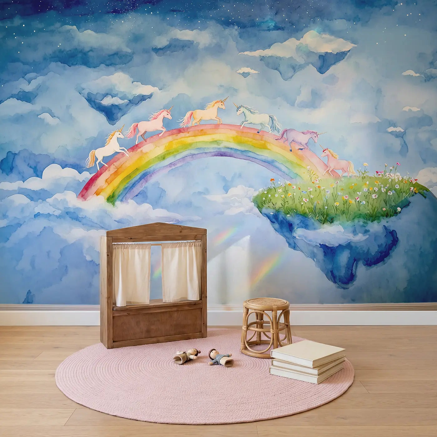 Rainbow Bridge Unicorn Herd Wallpaper Mural in playroom setting by Whimsy Tots