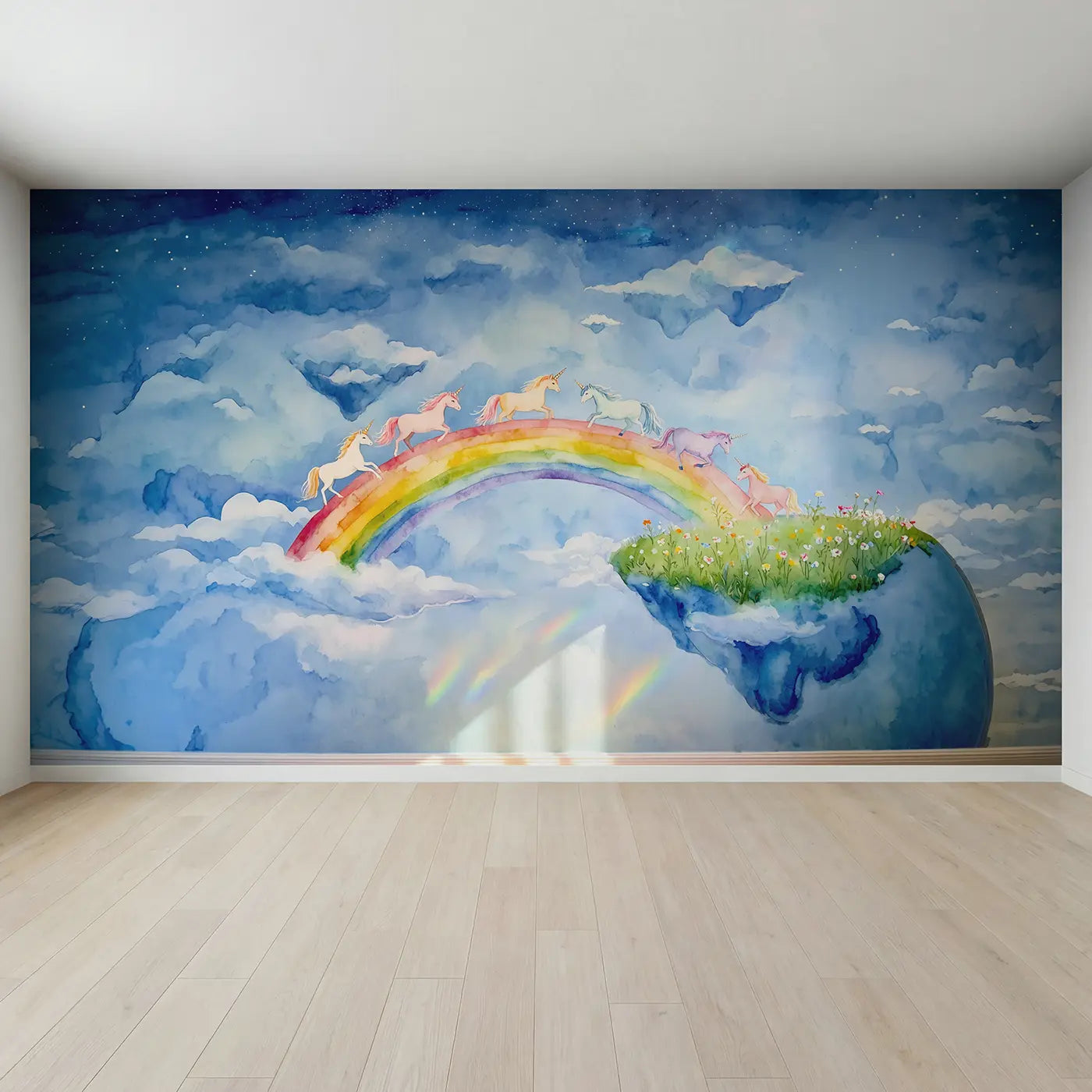 Full view of Rainbow Bridge Unicorn Herd Wallpaper Mural by Whimsy Tots