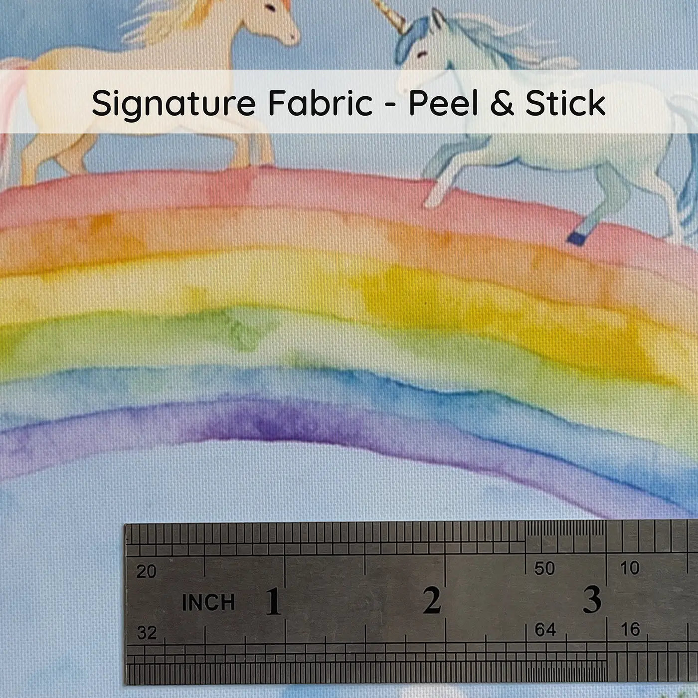 Fabric texture close-up of Rainbow Bridge Unicorn Herd Wallpaper Mural by Whimsy Tots