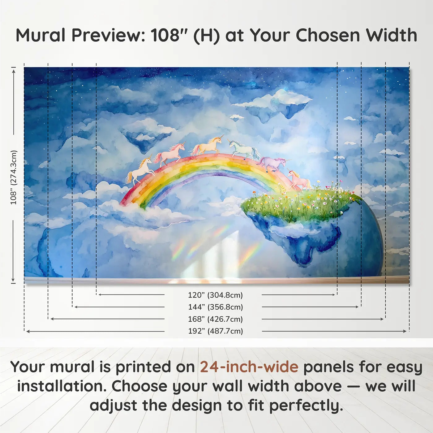 Panel layout and dimensions for Rainbow Bridge Unicorn Herd Wallpaper Mural by Whimsy Tots