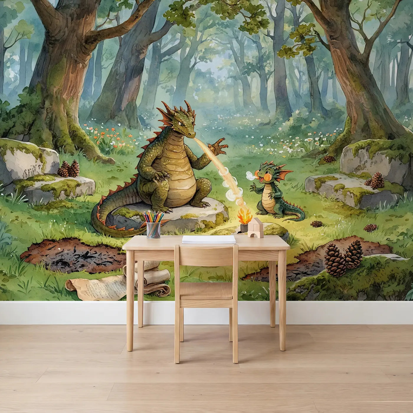 watercolor dragon fire lesson forest clearing wallpaper mural for kids room by Whimsy Tots
